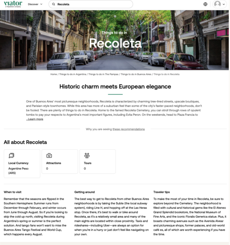 Viator Recoleta destination copy